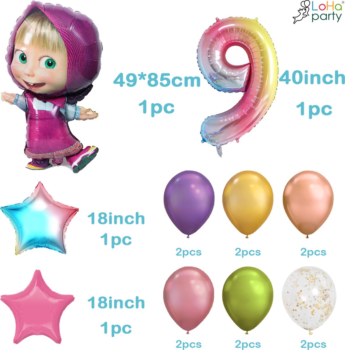 LoHa party® Masha Thema Folie ballonnen set-XXL folie ballon cijfer 9-ster folie ballon-roze-kleurijke-regeboog-Helium ballonnen-Verjaardag versiering-feestpakket-Verjaardag decotatie-Regenboog ballonnen-40inch