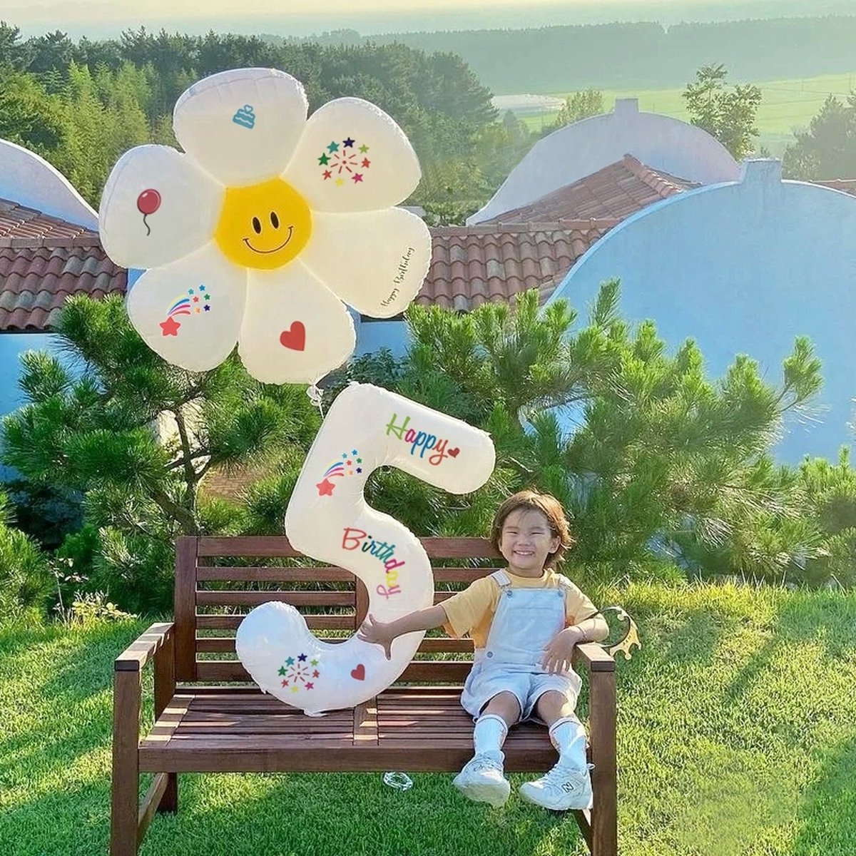 LoHa party®Daisy Folie ballonnen Set-XXL Cijfer Folie Ballon 5-Instagram-Tik Tok-Happy Birthday Sticker -Bloem ballon-Wit-Helium Ballonnen-Bruiloft-Verjardaag-Baby shower-Feestpakket-Viesering-Decoratie-4Stuks