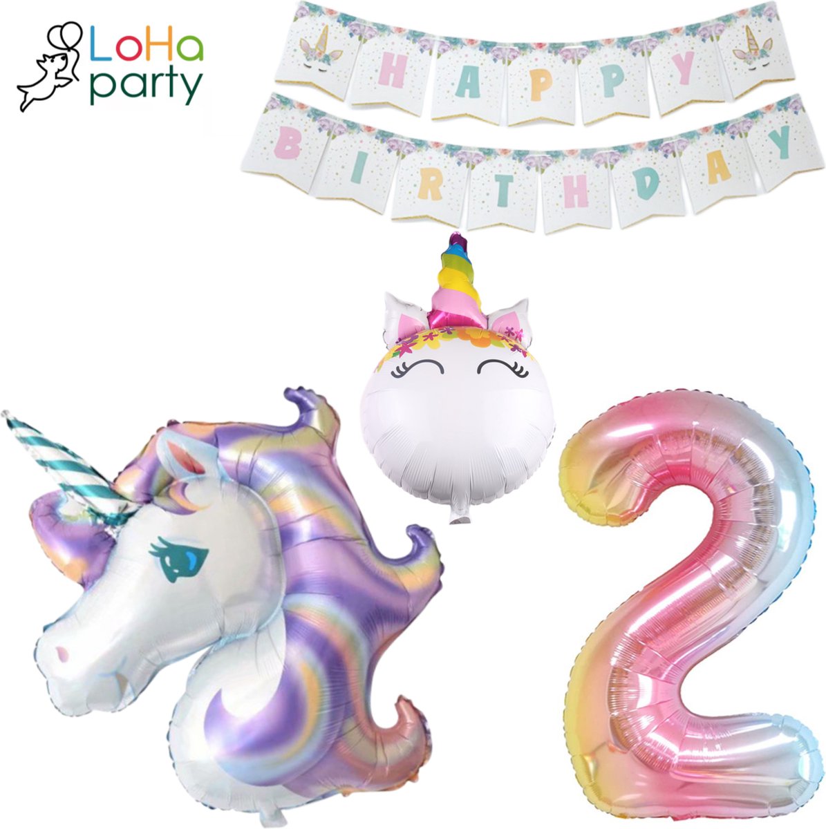 Loha-party® XXL Unicorns met XXL cijfer 2 Versiering ballonen-Folie Cijfer 2 Ballon -Eenhoorn Folie Ballon 2e Verjaardag Versiering-Unicorn Ballon Decoratie Feest Versiering-XXL-80cm Cijfer 2-Happy birthday-Folie ballonnen