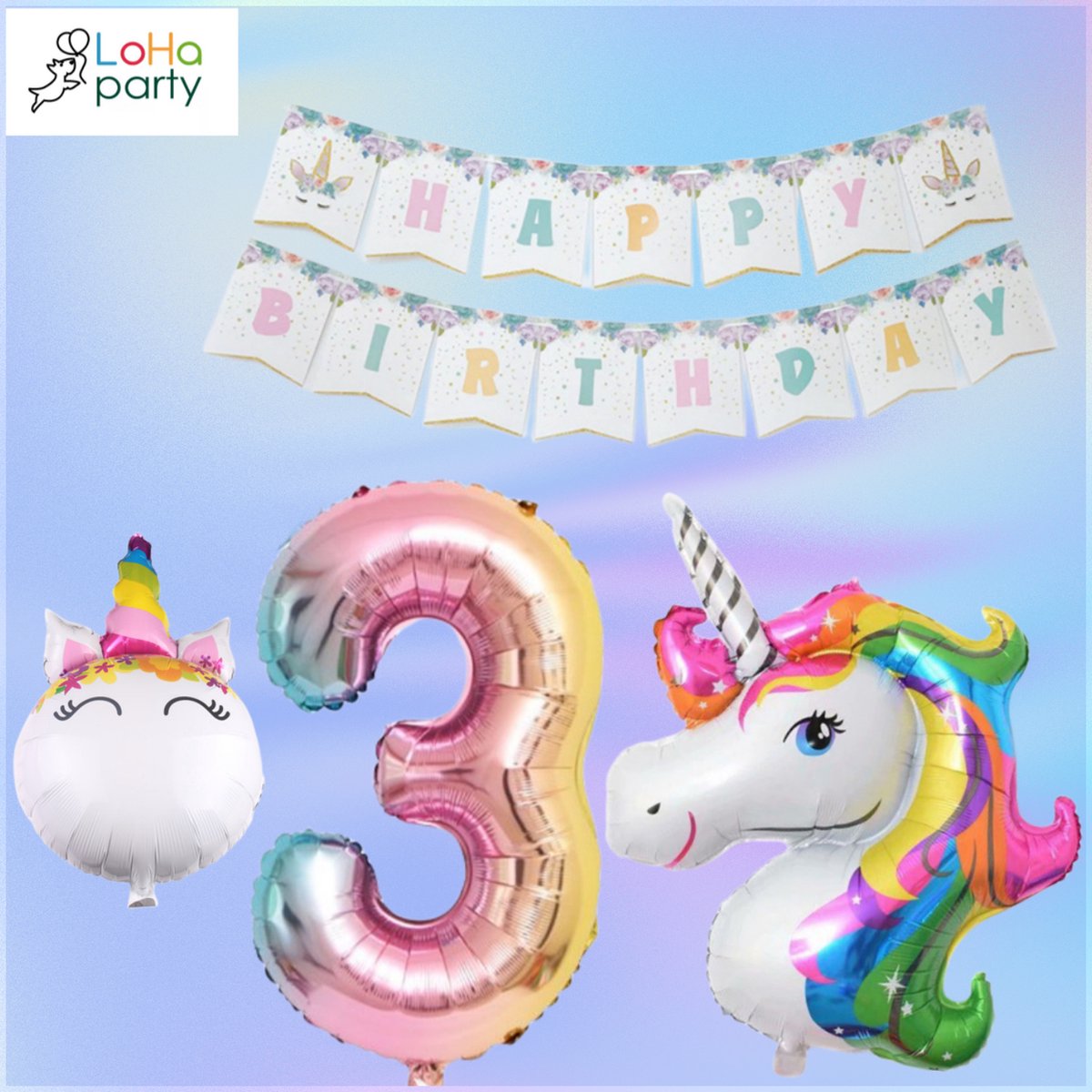 Loha-party® XXL Unicorns met XXL cijfer 3 Versiering ballonen-Folie Cijfer 3 Ballon -Eenhoorn Folie Ballon 3e Verjaardag Versiering-Unicorn Ballon Decoratie Feest Versiering-XXL-80cm Cijfer 3-Happy birthday-Folie ballonnen