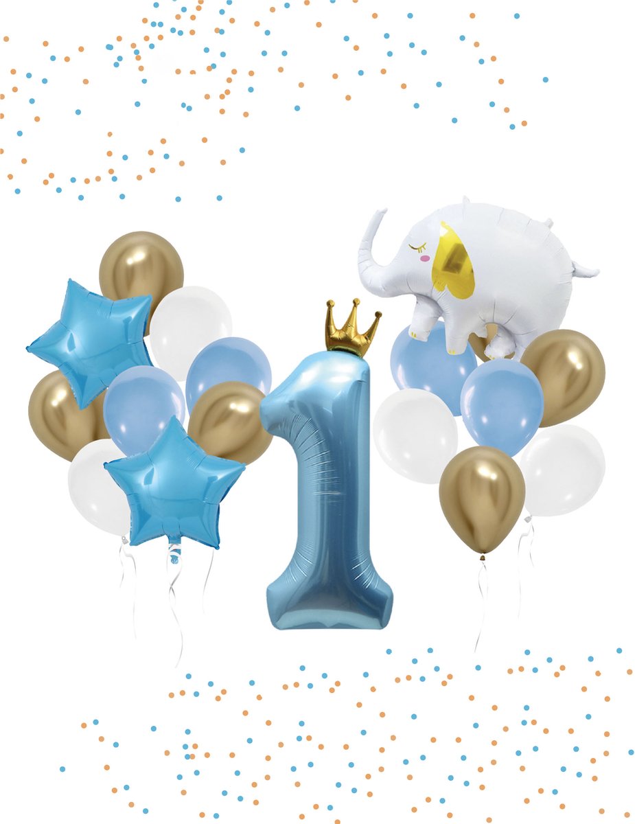 Loha-party®Folie ballon cijfer 1-De 1e verjaardag ballonnen set-De eerste verjaardag-Olifant-Goud kroon-Blauw cijfer 1-XXL cijfer 1 Ballon-Jongen-Gouden ster-Verjaardag decoratie-Versiering ballonnen-Cijfer balloon met kroon