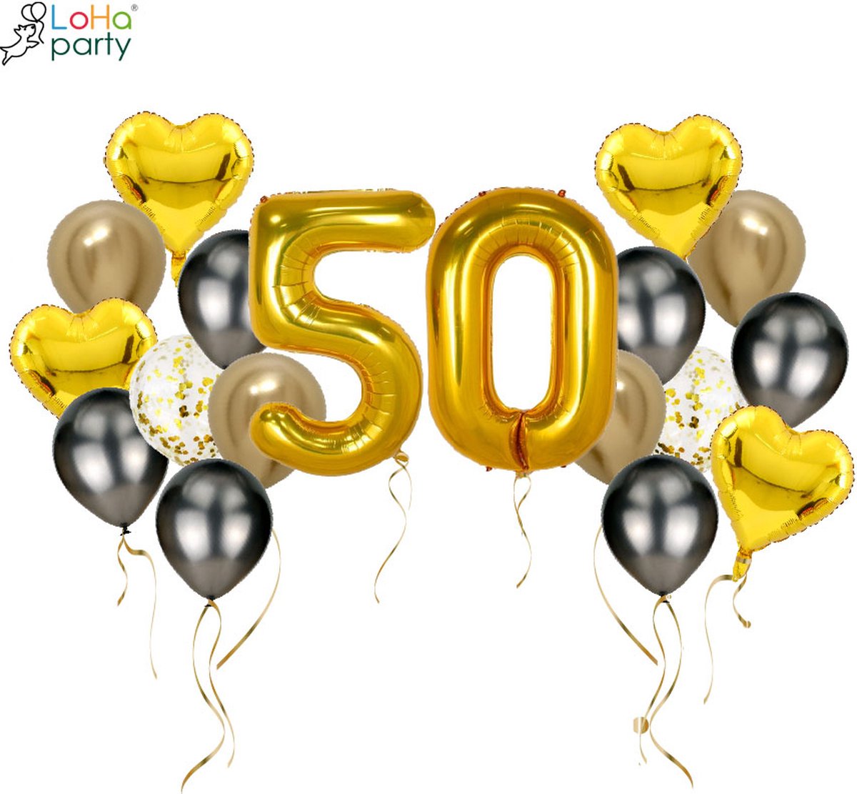 Loha-party®Folie ballon cijfer 50-XXL cijfer 5 en XXL cijfer 0-Gouden 50-Gouden hartje Folie ballonnen-50e verjaardag decoratie-Versiering-Trouwdag-Feestpakket-Herdenkingsdag Decoratie kit-101cm（40inch）