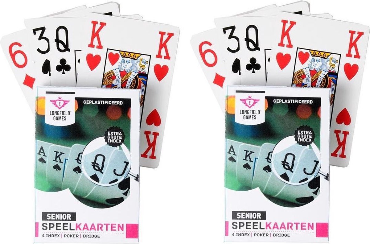 4x Senioren speelkaarten plastic poker/bridge/kaartspel met grote cijfers/letters - Ideaal voor oudere mensen/slechtzienden - Kaartspellen - Speelkaarten - Pesten/pokeren