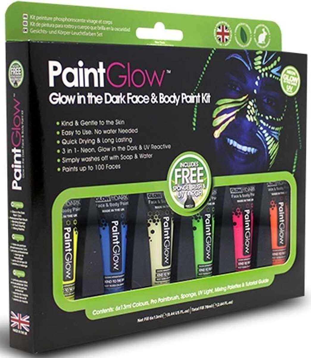 PaintGlow - Glow in the Dark Neon Verf Schmink Set PaintGlow - 6x13ml