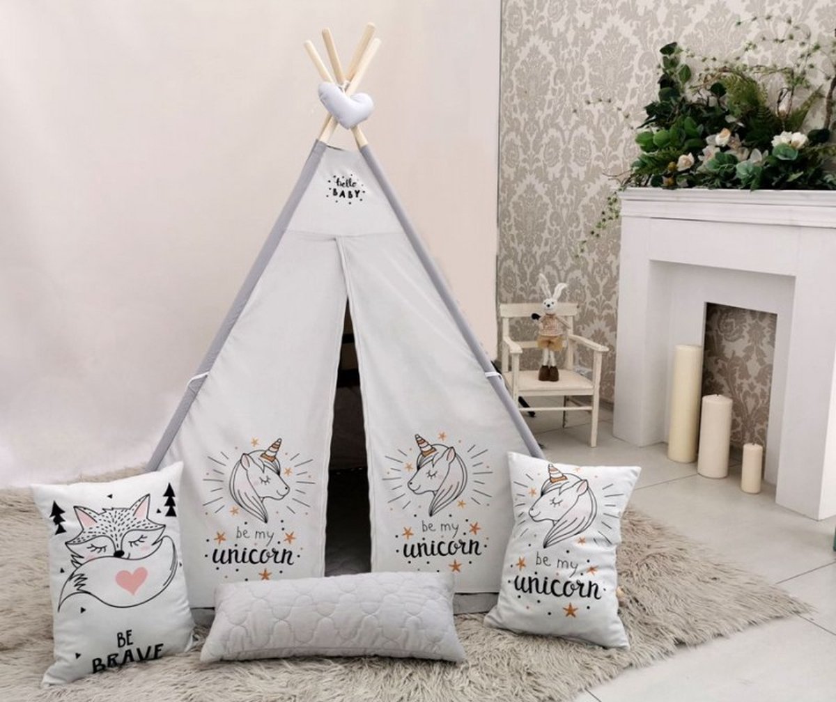 Luxe handgemaakte unicorn eenhoorn tipi tent speeltent - wigwam voor kinderen 110 x 110 x 160 cm inclusief 3 kussens en grond kleed - gemaakt van 100% katoen en pluche - premium kwaliteit en een uniek design