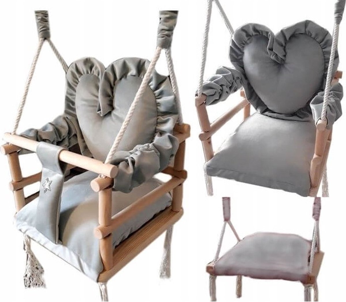 Luxe houten 3 in 1 handgemaakte licht grijze meegroei baby schommel en kinder schommel met hart vormig kussen – Baby swing – Schommel die meegroeit met je kindje - Schommelstoel - Schommels