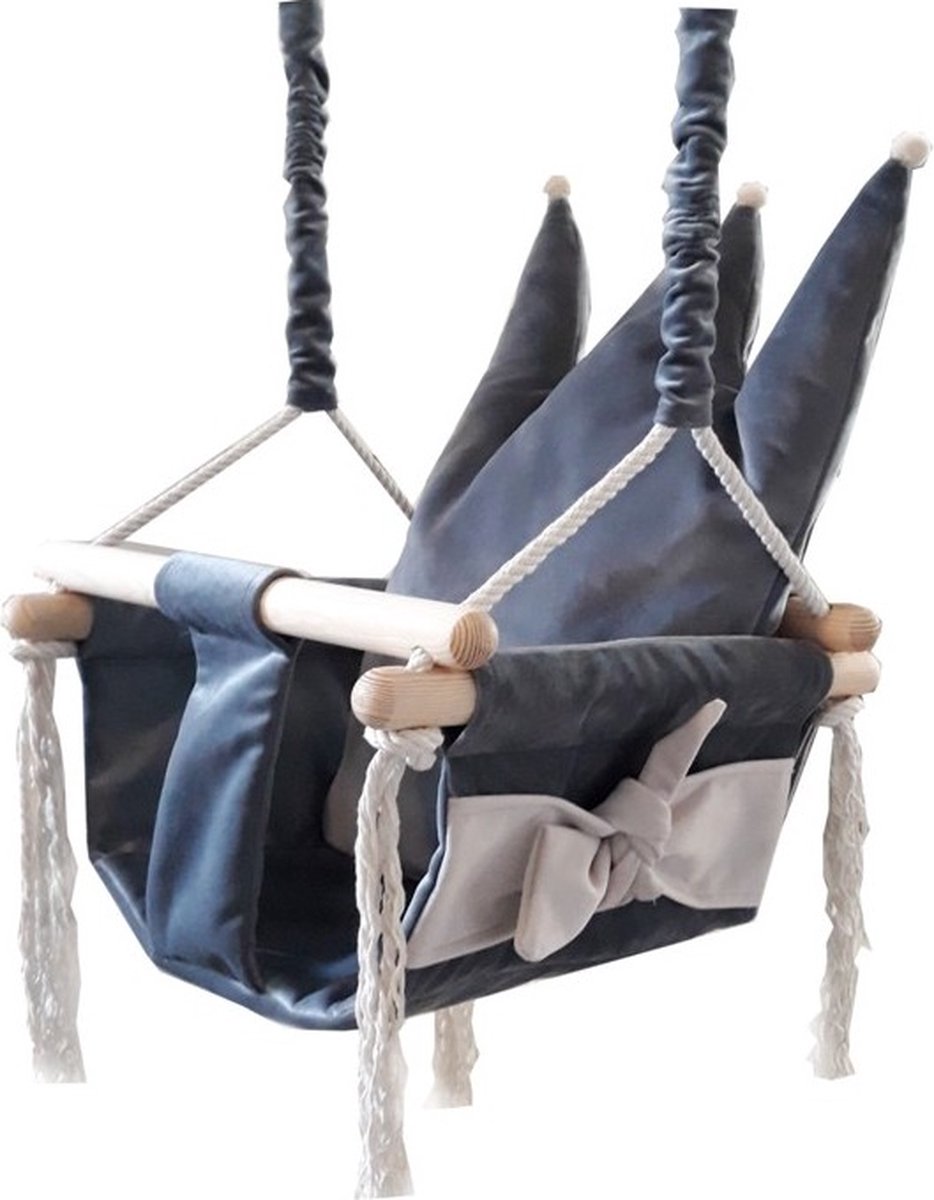 Luxe houten handgemaakte donker grijze baby schommel en kinder schommel met kroon vormig kussen – Baby swing - Schommelstoel - Schommels