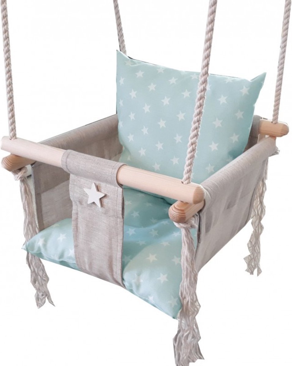 Luxe houten handgemaaktemint groene baby schommel en kinder schommel met sterren kussen – Baby swing - Schommelstoel - Schommels - Ster kussen