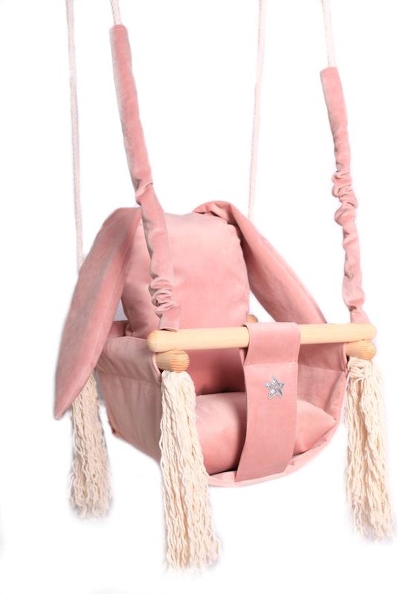 Luxe houten konijn handgemaakte roze baby schommel en kinder schommel met konijn vormig kussen – Baby swing - Schommelstoel - Schommels -  Konijnen oren