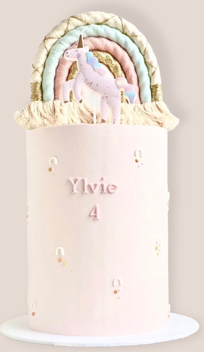 Lovecrafted - Caketopper Unicorn - Pastel - Taartdecoratie - Macrame regenboog 12x15 cm