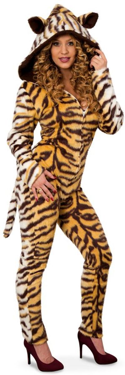 Tijger catsuit pluche met muts voor dame maat 34