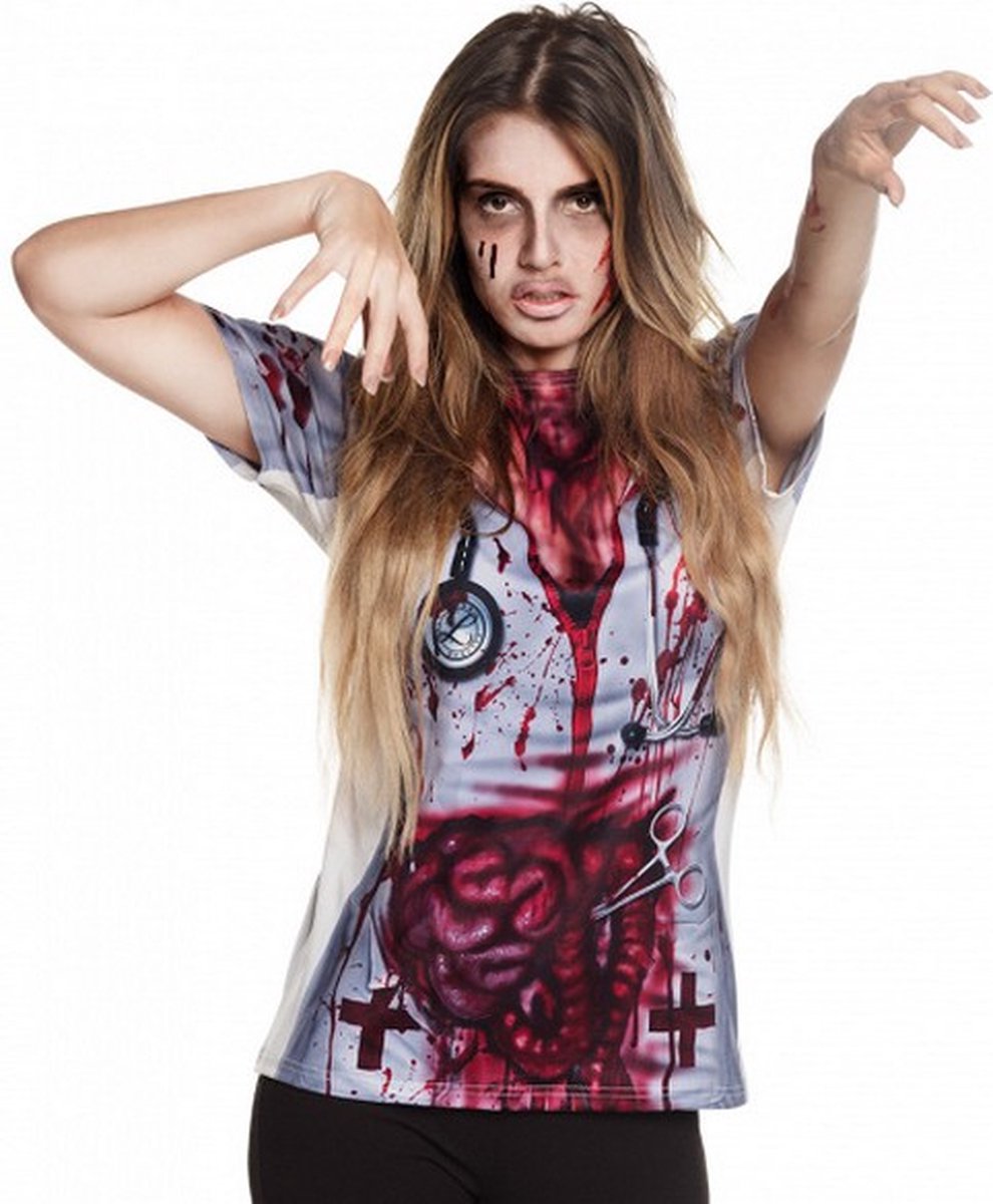 shirt Horror Nurse dames polyester wit/rood maat M/L