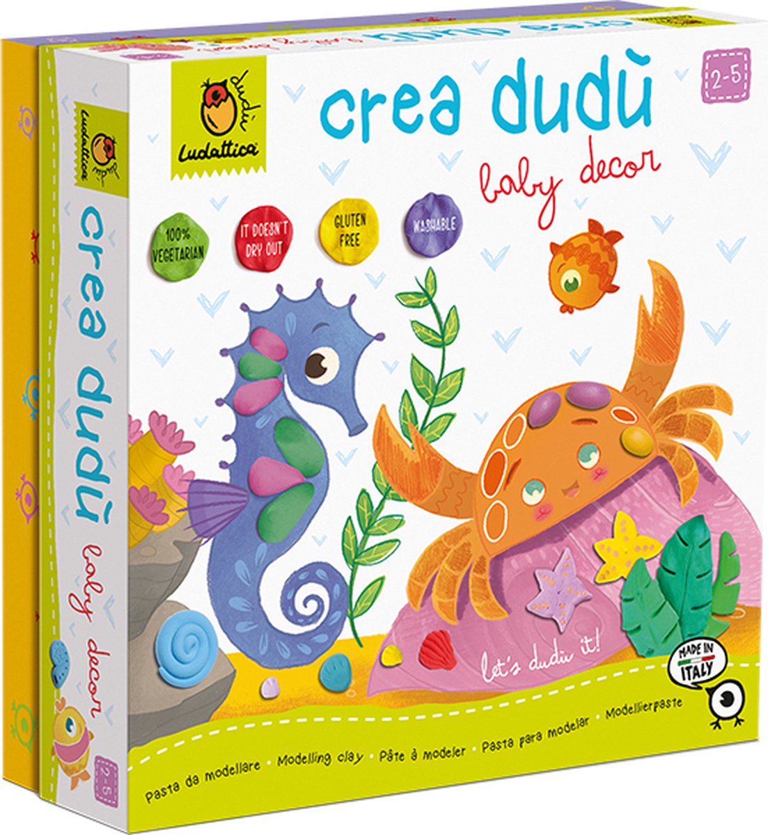 Ludattica DUDÙ Crea: PLASTICINE - BABY DECOR 22,5x22,5x7,5cm, met 7 tweezijdige  kaarten, 4 kleuren plasticine en instructies, 2+