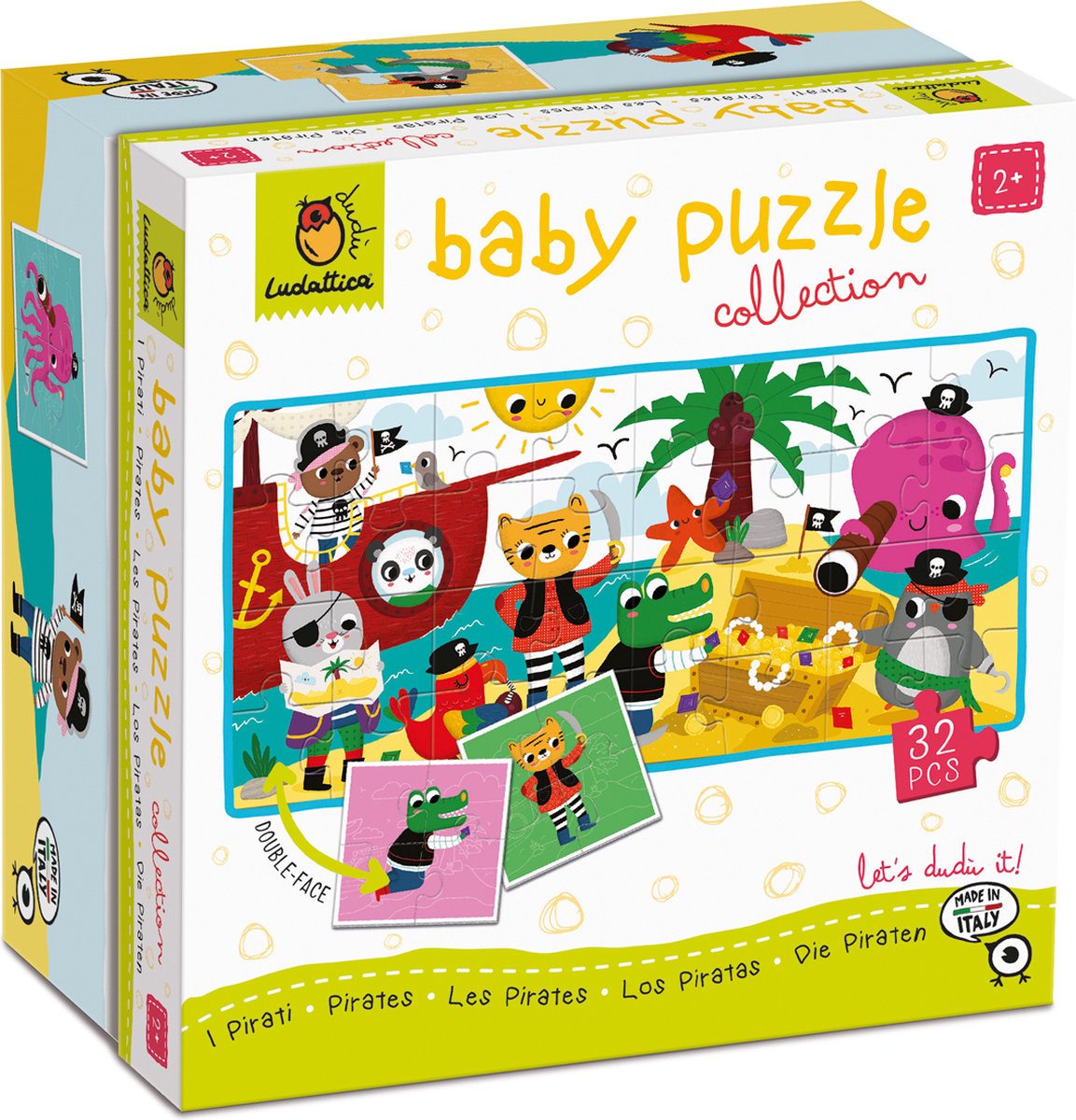 Ludattica DUDÙ Puzzels: BABY PUZZEL PIRATEN, 18x18x10cm, 8 dubbelzijdige puzzels van 4 stukjes (16x16cm) vormen op de achterkant een puzzel van 32 stukjes, 2+