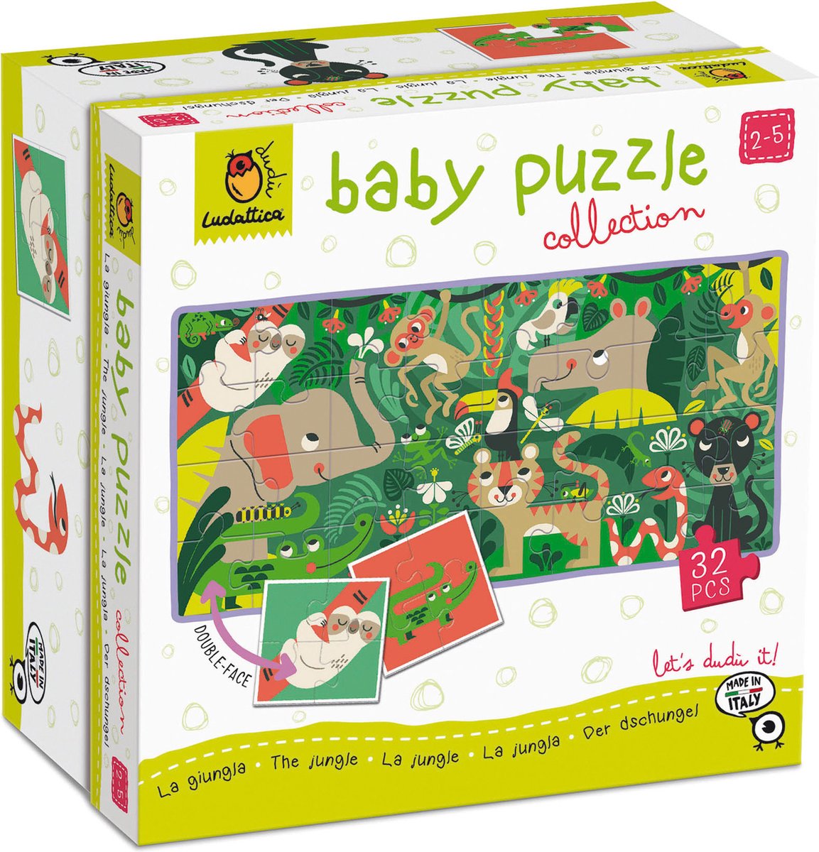 Ludattica Puzzels: DE JUNGLE - Baby puzzel 18x18x10,5cm, 8 puzzels van 4  stukjes (16x16cm) vormen op de achterkant een puzzel van 32 stukjes, 2+