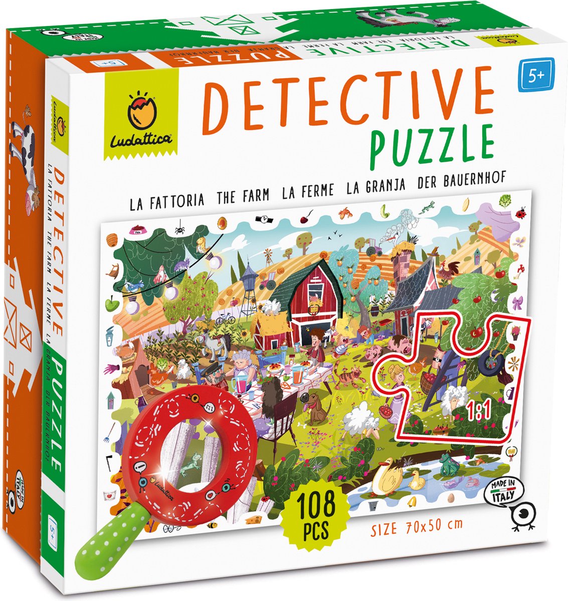 Ludattica Puzzels: DETECTIVE PUZZEL DE BOERDERIJ, 22,5x22,5x9cm, 108-delig, 50x70cm, met houten vergrootglas, 5+