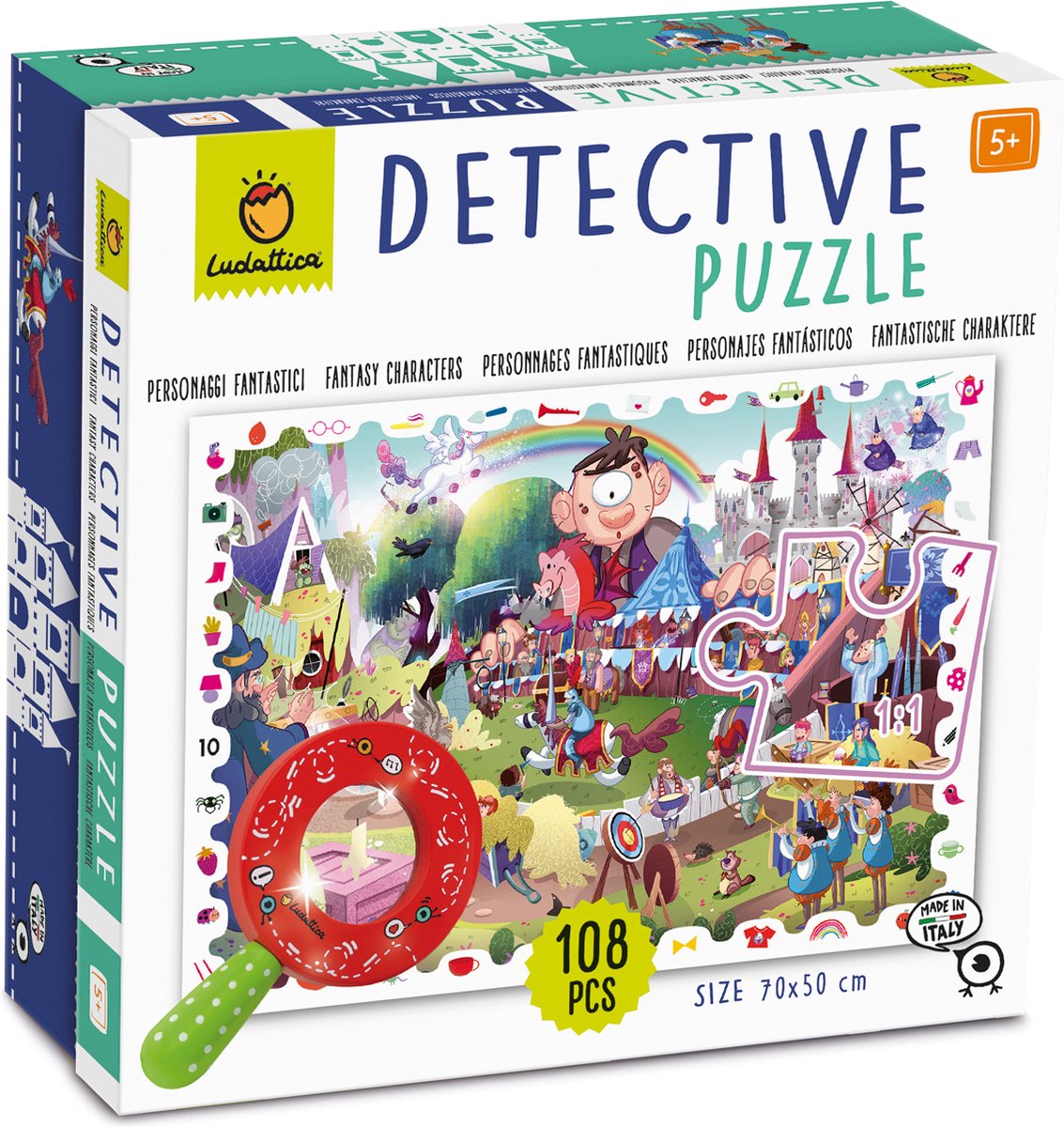 Ludattica Puzzels: DETECTIVE PUZZEL FANTASY, 22,5x22,5x9cm, 108-delig, 50x70cm, met houten vergrootglas, 5+