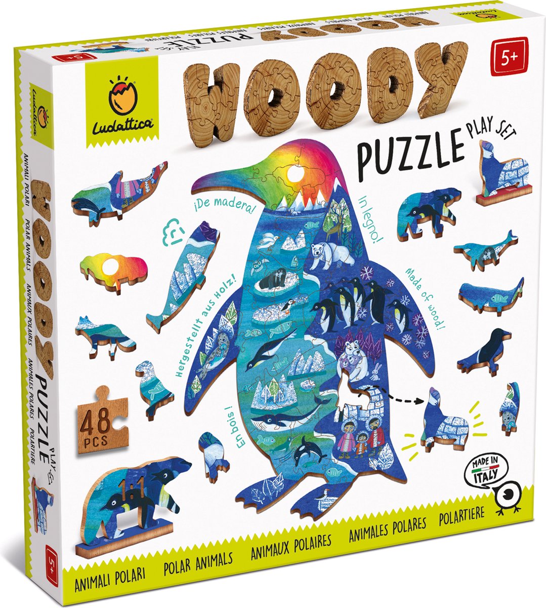 Ludattica Puzzels: WOODY PUZZEL POOLDIEREN 24,5x24,5x4cm, 48-delig, 12  figuurtjes, in hout , 3+