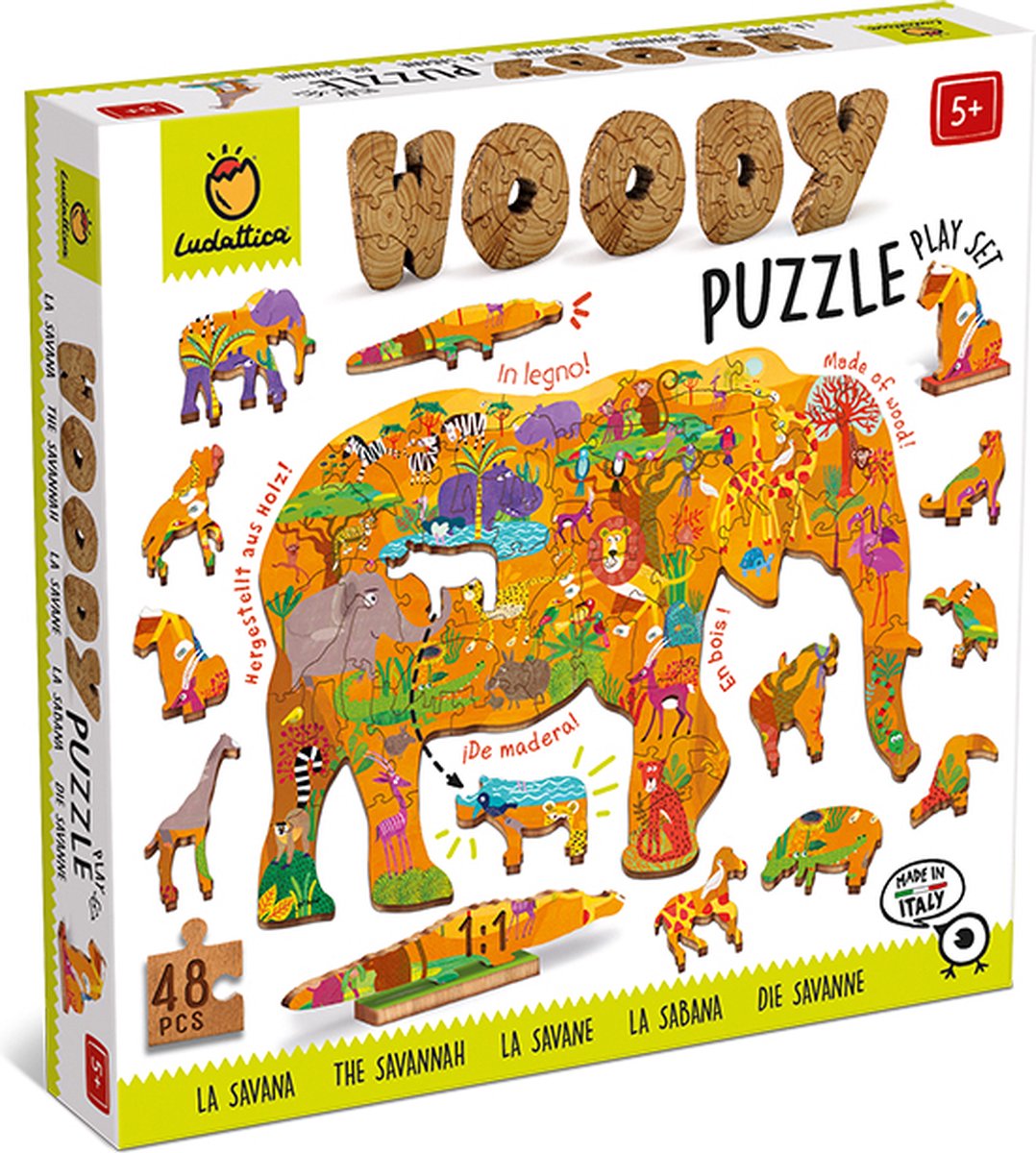 Ludattica Puzzels: WOODY PUZZEL SAVANNE 25x35cm, 48-delig, 12 figuurtjes, in hout , 3+