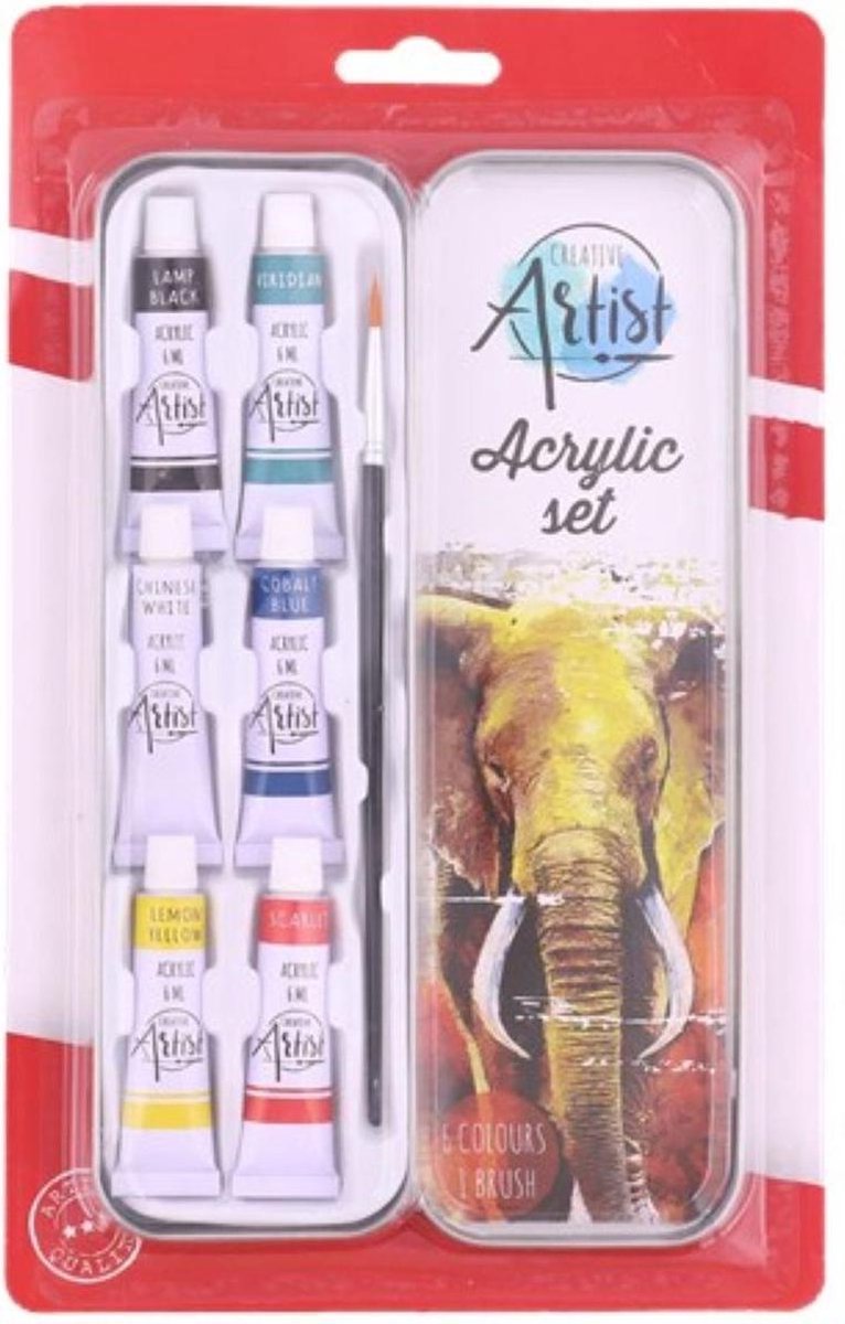 LS - Creative Artist - Set acrylverf tubes - 6 kleuren / colors - 1 kwastje / penseel / brush - Schilderen / Knutselen / Verven - Verf - Metalen opbergblik