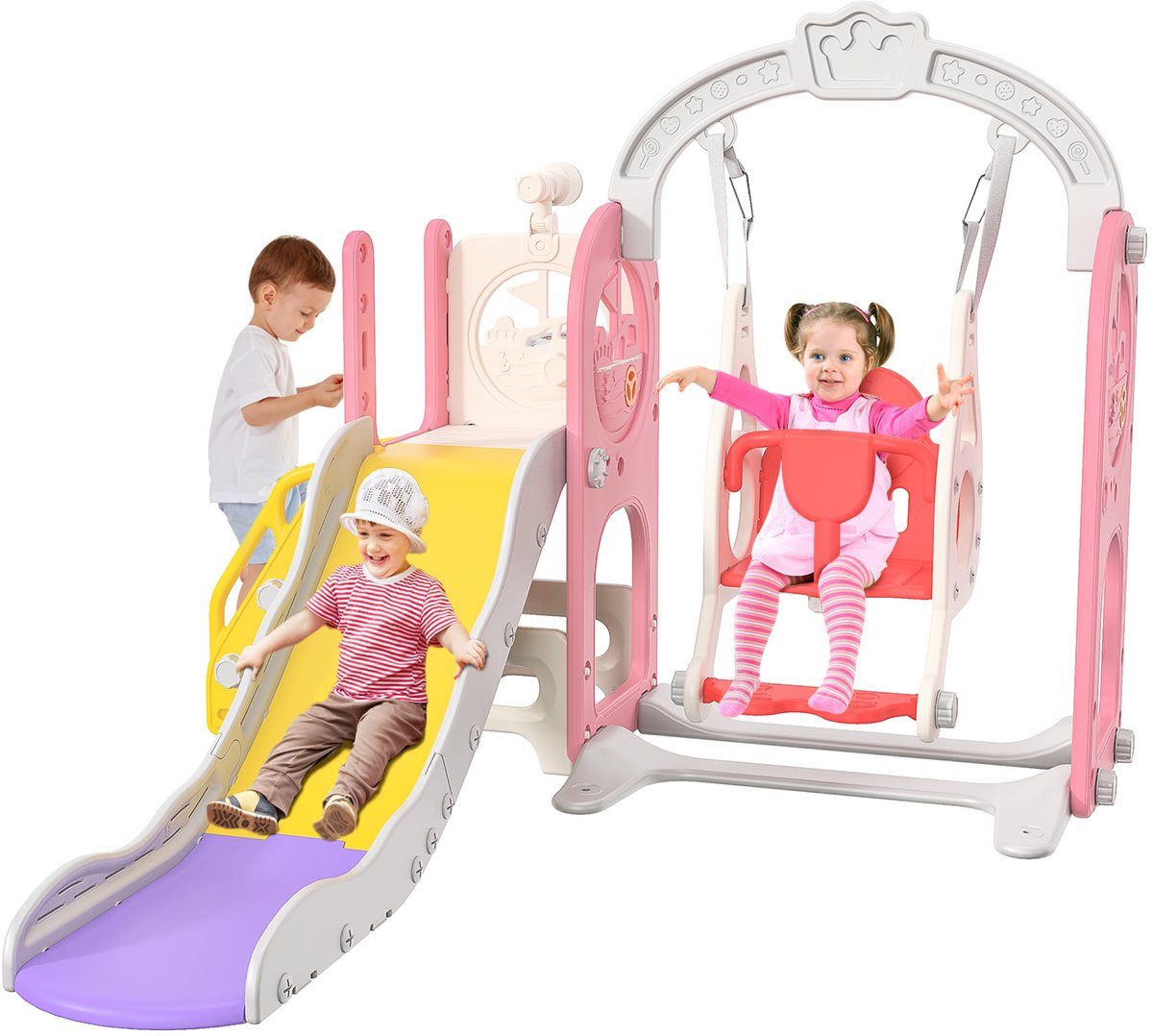 6 in 1 kinderglijbaan, glijbaan met piratenschipthema, met schommels, basketbalring, ladder, telescoop en opbergruimte, voor kinderen van 1-5 jaar, roze