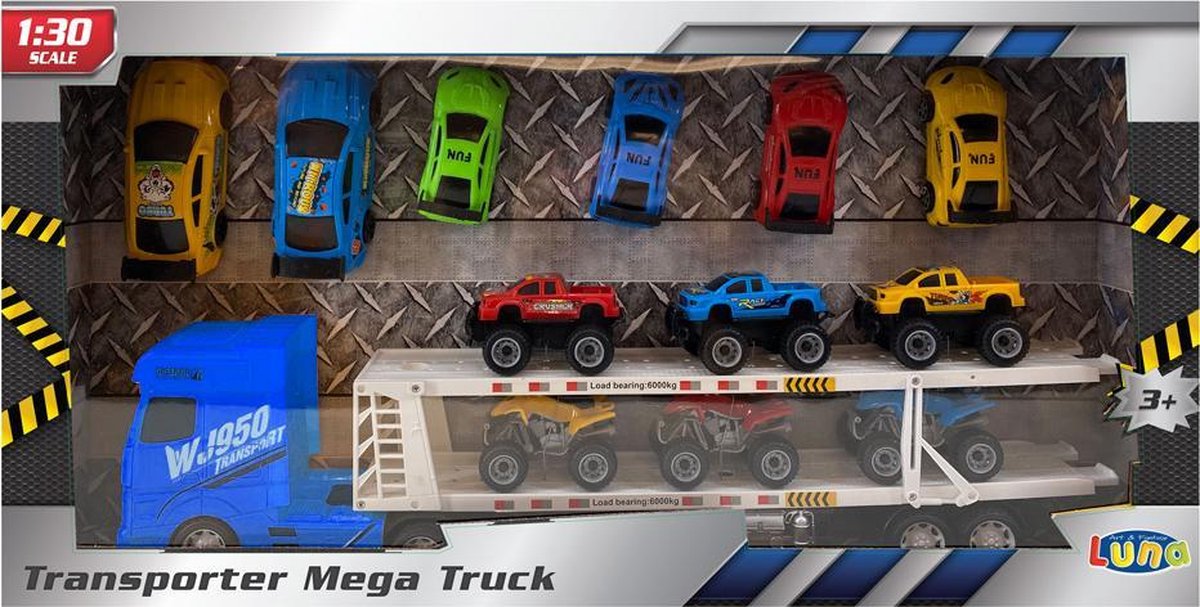 autotransporter Mega Truck 1:30 jongens blauw 14-delig