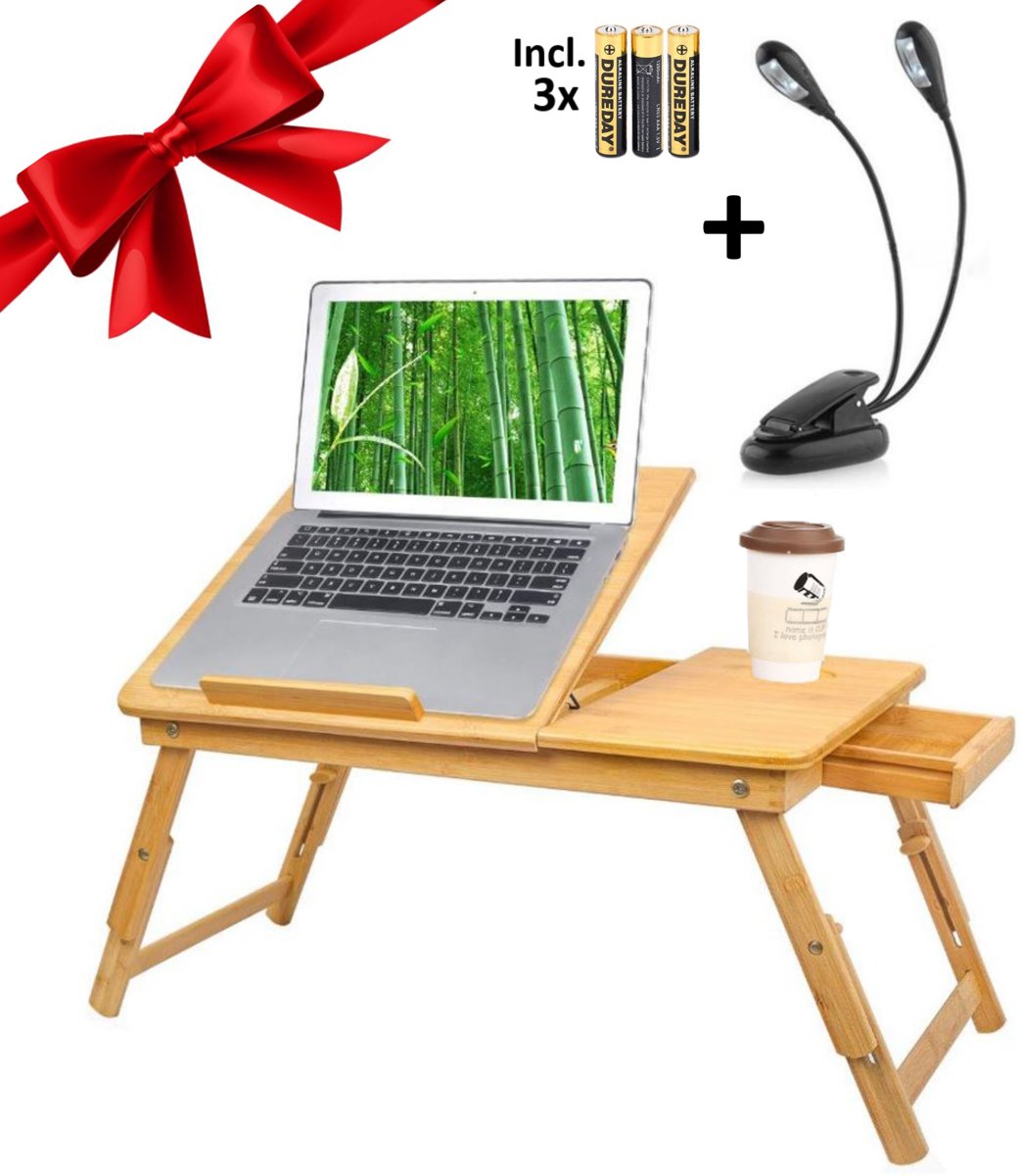 Luxergoods Laptopstandaard - Laptoptafel - Inclusief bureaulampjes - Bank tafeltje - Laptopstandaard - Leeslampje - Bedtafel - Cadeautip - Laptop verhoger - Verstelbaar - Ontbijt op bed - Schoottafel - Laptophouder