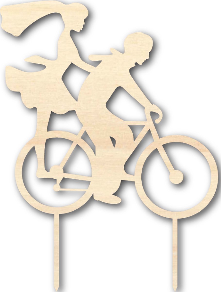 Houten caketopper / taarttopper - Bruidspaar fiets - Taart / Cake topper op bestelling gemaakt