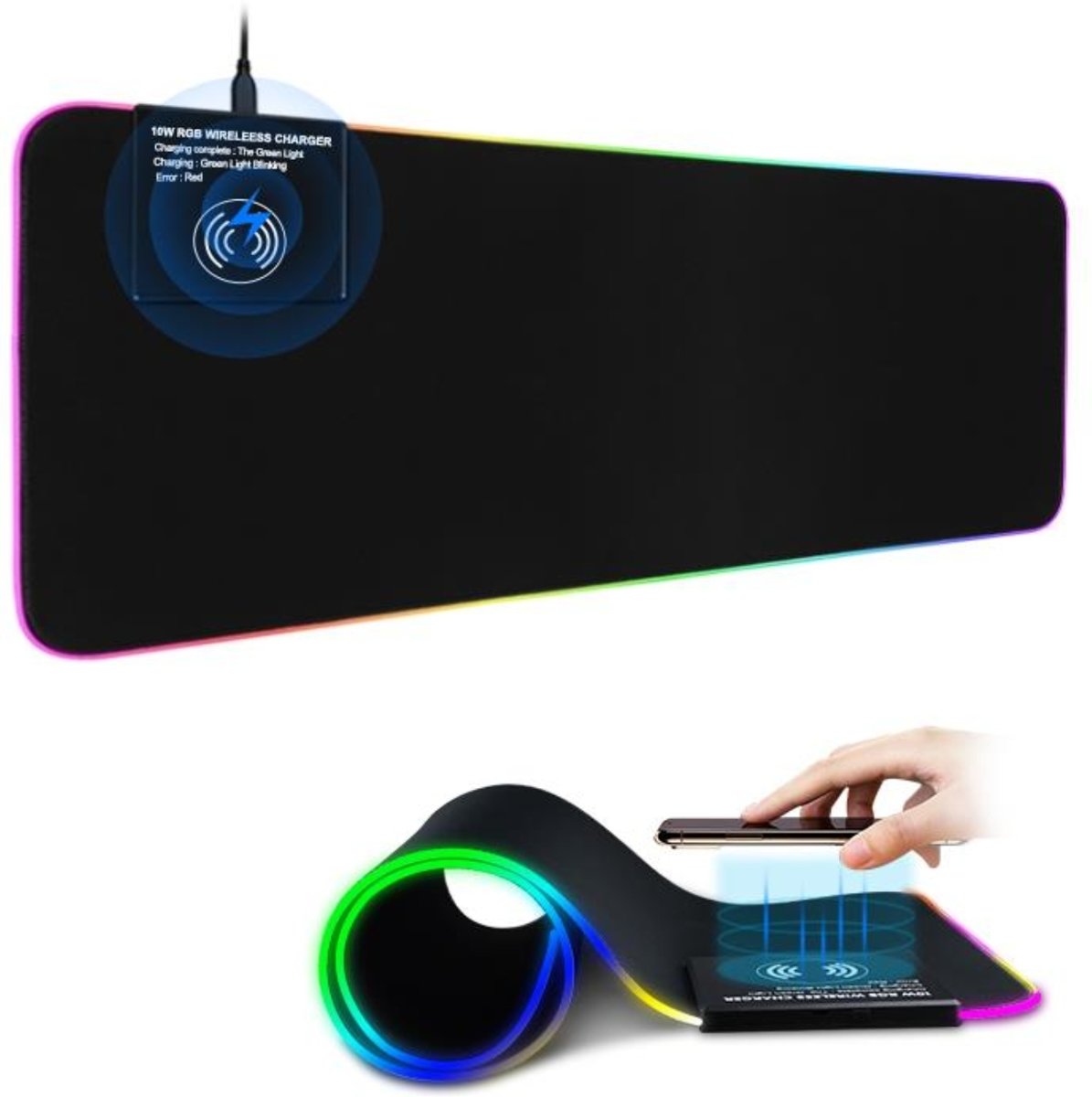 Grote gaming mousemat met snel draadloos laden-10W- led verlichting- mobiele oplader-soft muismat-muismat XXL - anti slip - RGB lichten- cool lights- oversized mouse pad- wireless fast charging