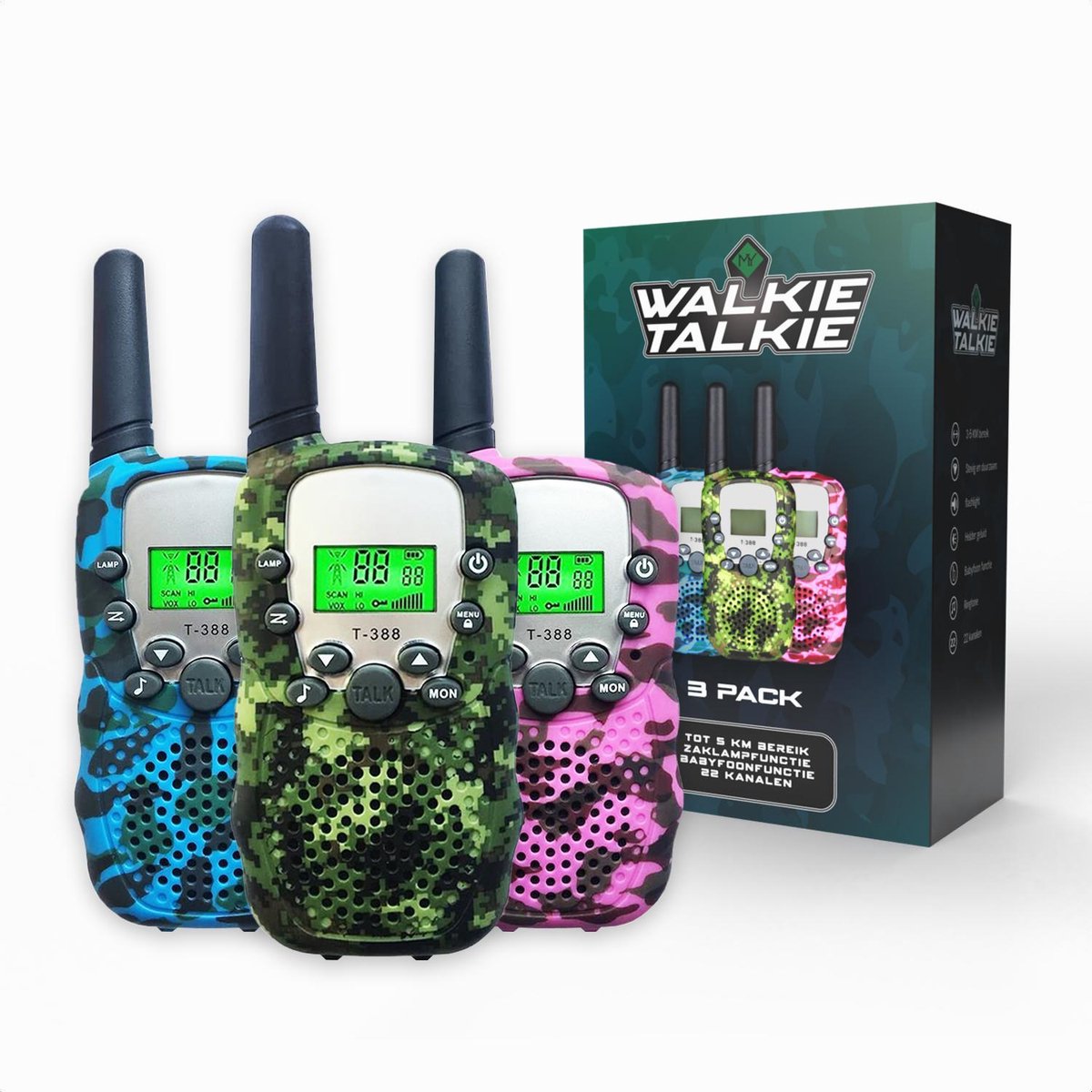 M.Y.© Premium Walkie Talkie Voor Kinderen en Volwassenen 3-PACK – Portofoon Tot 5 KM Bereik – Lichtfunctie – Met bijpassende Koordjes - Camouflage Mix