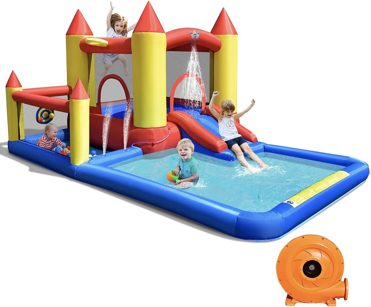 Mara Opblaasbaar Springkasteel - Speelzwembad - Waterglijbaan - Ballenbad - Basketbalring - Inclusief Ventilator - Kinderbad - Blauw - Rood - Geel - 400 x 280 x 195 cm