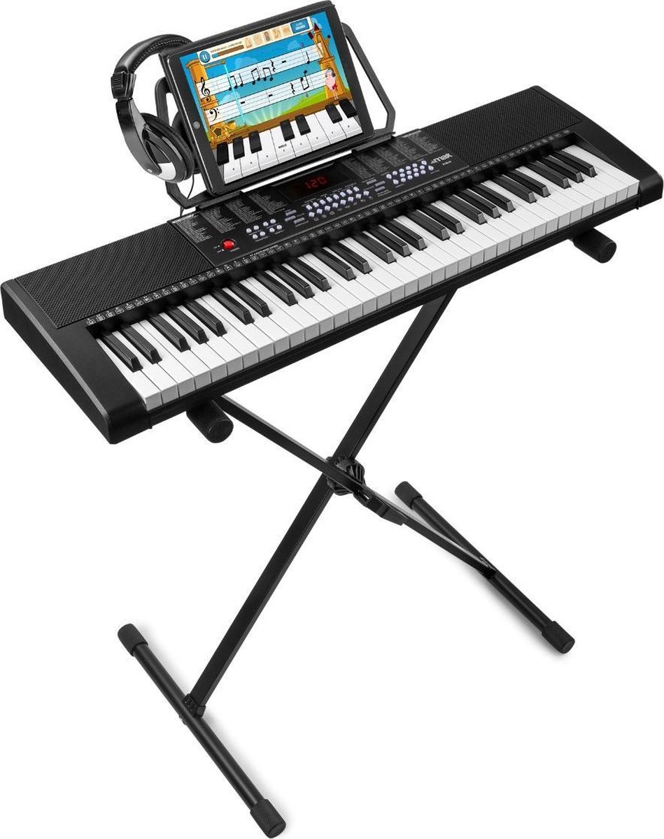 Keyboard starterset - MAX KB4 keyboard piano met o.a. 61 toetsen en trainingsfunctie inclusief in hoogte verstelbare keyboardstandaard en koptelefoon