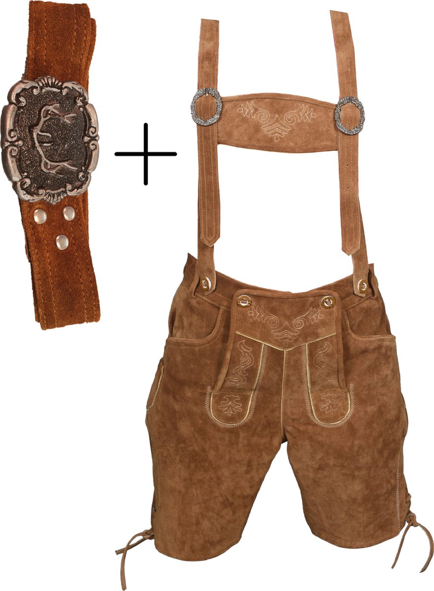 Bel Party Wears / Lederhosen - Rundleer - Donker Camel - Bretels en Riem - Maat 44