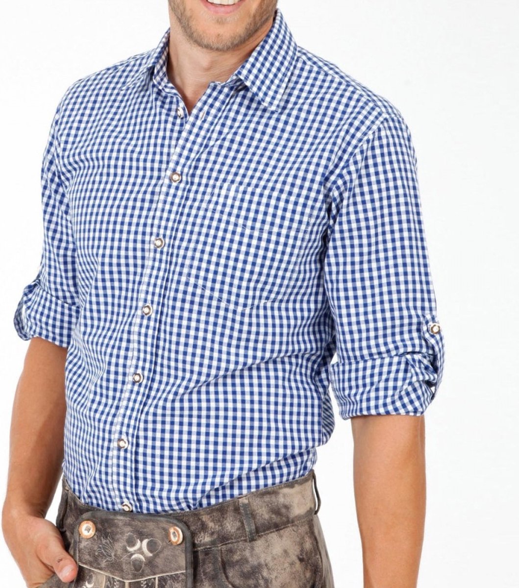 Bel Party Wears / Tiroler Hemd Blauw wit voor Mannen / Oktoberfest / 65 % Katoen 35 % Polyester Maat - S