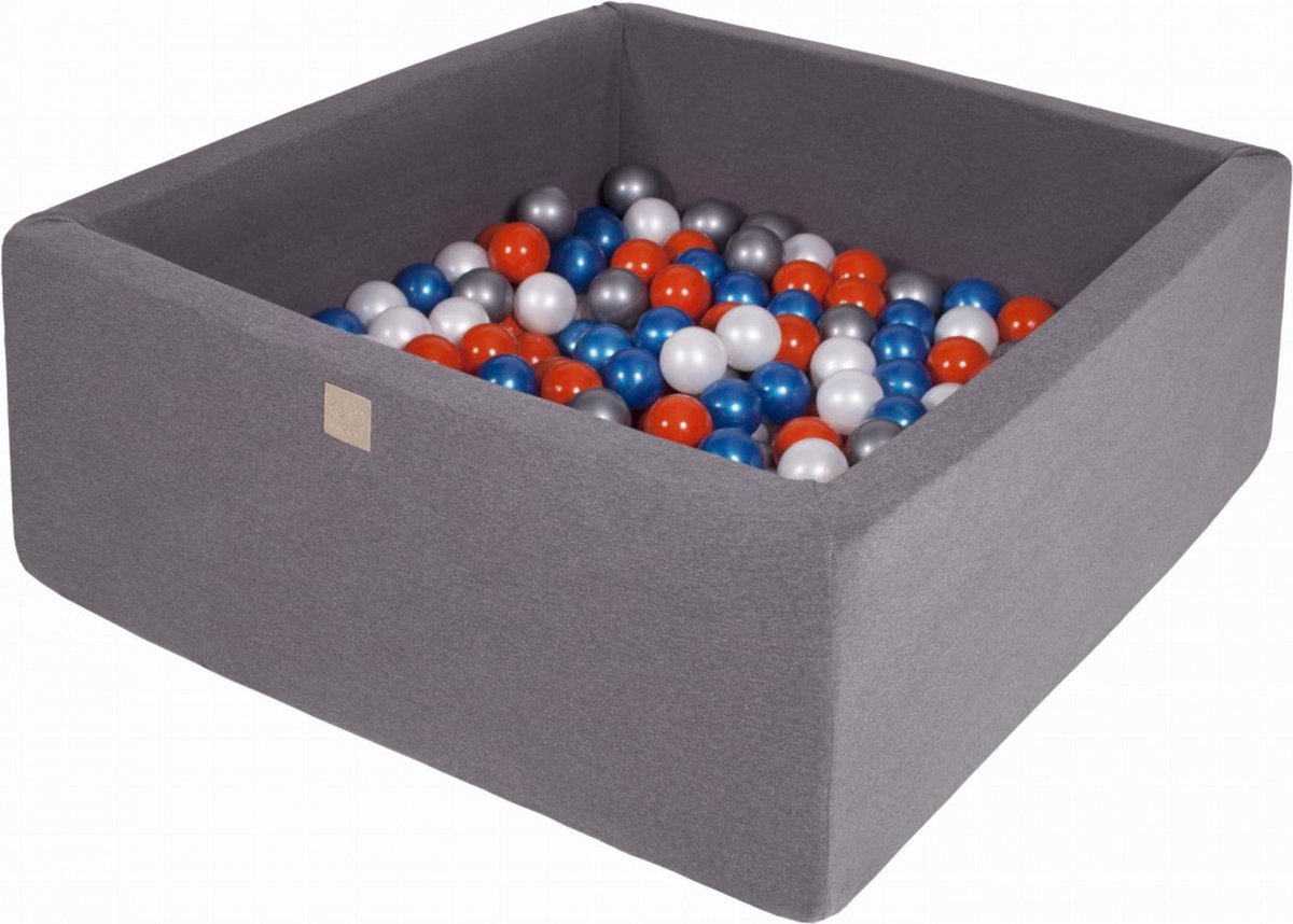 Vierkante   incl. 400 ballen - 110x110x40 cm - Donker Grijs - Parel Blauw, Parel Wit, Oranje, Zilver