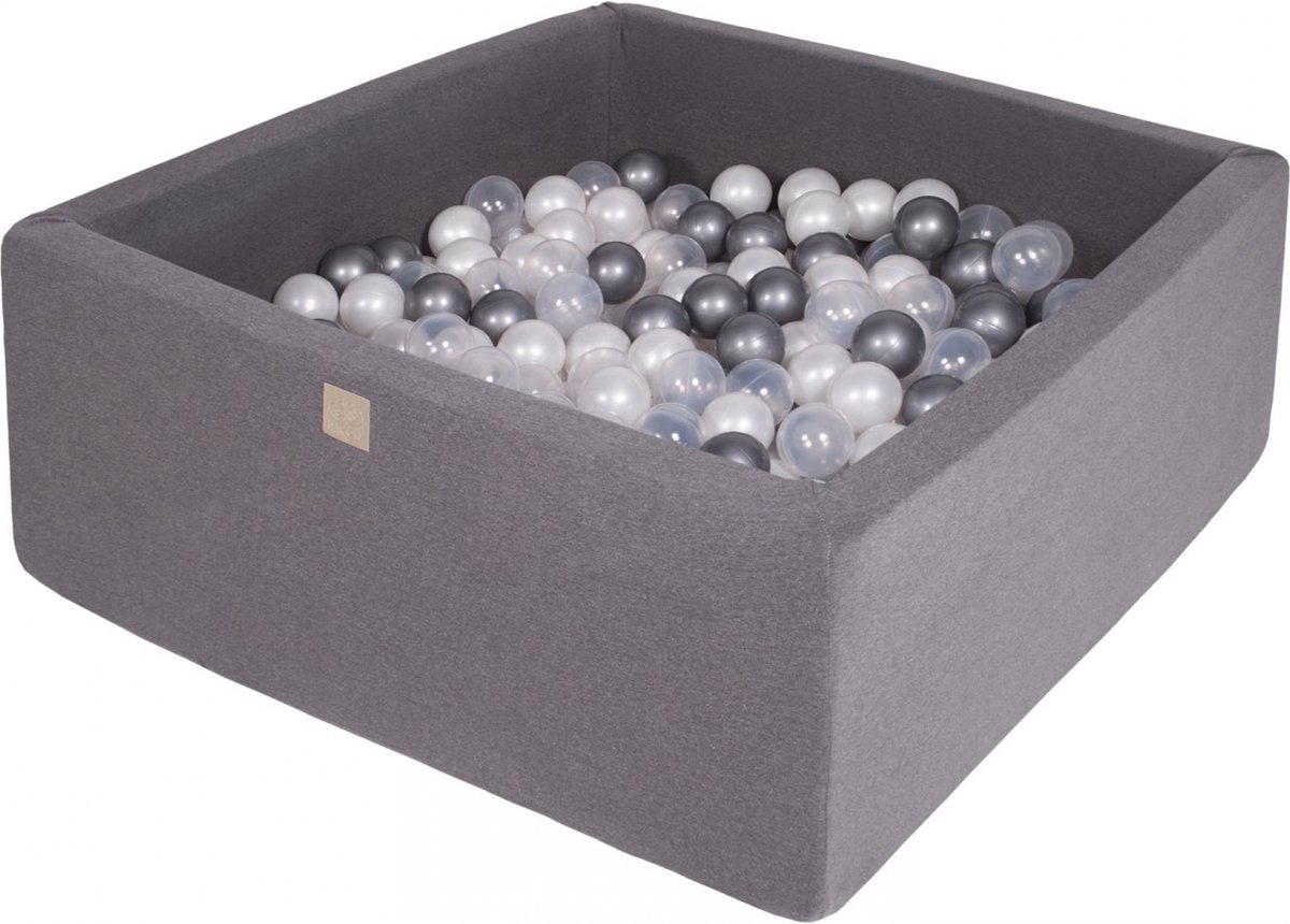 Vierkante Ballenbak incl. 400 ballen - 110x110x40 cm - Donker Grijs - Parel Wit, Zilver, Transparant