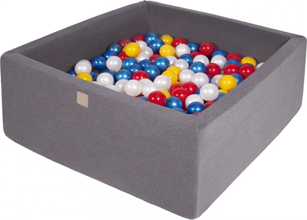 Vierkante   incl. 400 ballen - 110x110x40 cm - Donker Grijs - Rood, Geel, Parel Wit, Parel Blauw