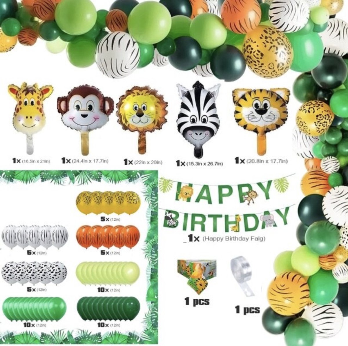 Ballonpakket Jungle kinderen met leeuw. zebra, giraffe en slinger Happy Birthday