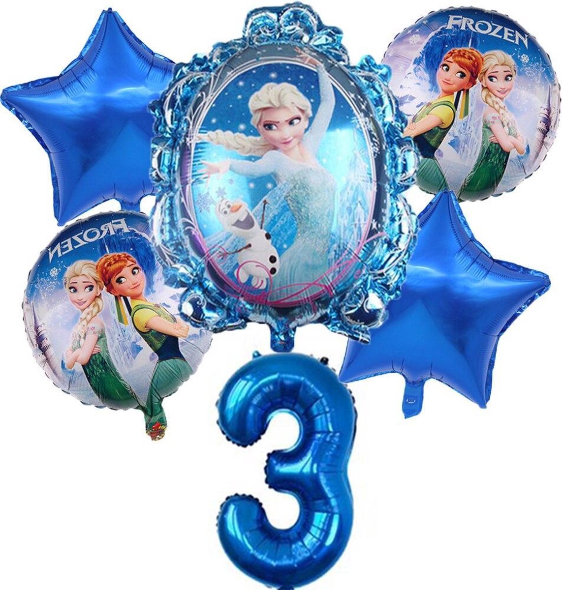 Geweldig 6 delig ballonpakket in blauwe tinten met Frozen Elsa en Anna en grote cijfer 3 (80 cm hoog)