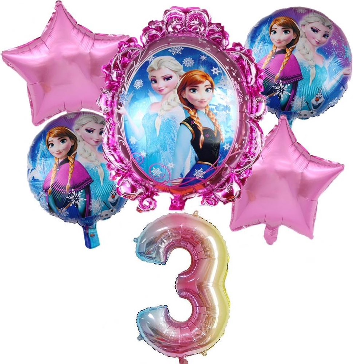 Geweldig 6 delig roze tinten ballonpakket met Frozen Elsa en Anna en grote cijfer 3 (80 cm hoog)