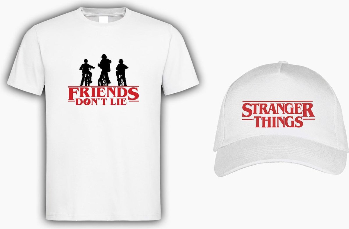 Wit T shirt met Logo “ Stranger Thing / Friends Dont Lie “ Size L + Pet