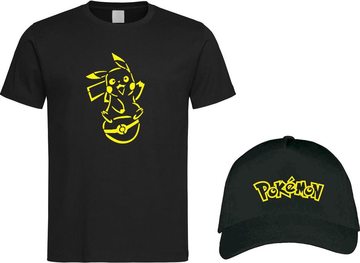 Zwart T-shirt met Geel  Pikachu met Pokeball maat L + Pet