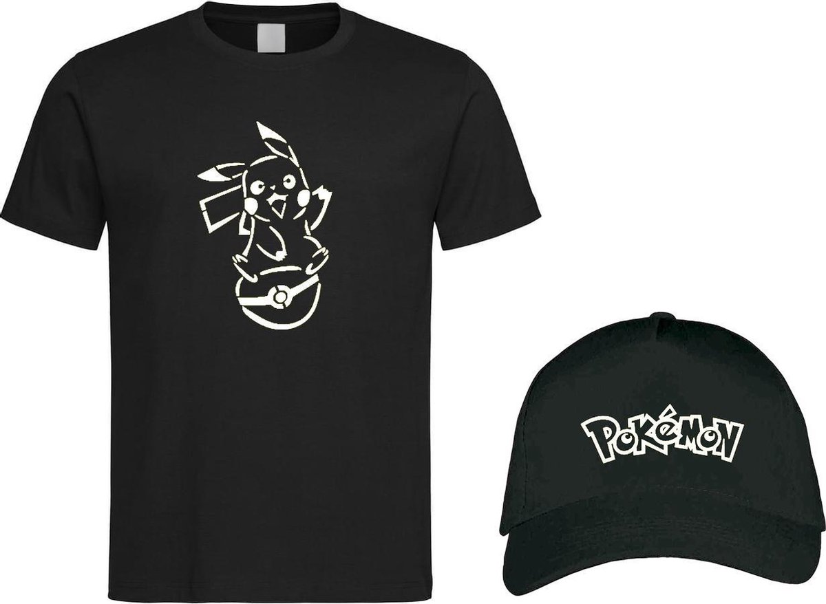 Zwart T-shirt met Wit  Pikachu met Pokeball maat L + Pet