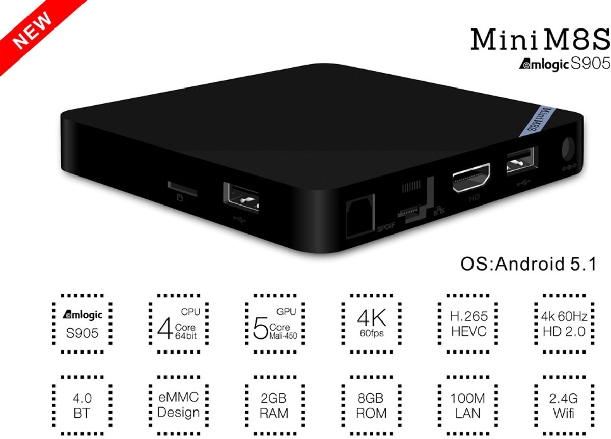 Mini m8s ii s905x Android TV Box Kodi 17.1 2GB 8GB 4.0 Bleutooth + GRATIS Rii i8 Wit draadloos toetsenbord