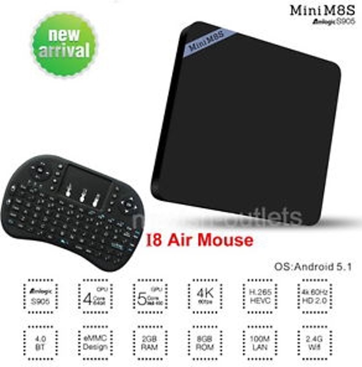 Mini m8s ii s905x Android TV Box Kodi 2GB 8GB 4.0 Bleutooth  + GRATIS Rii i8 Zwart draadloos toetsenbord