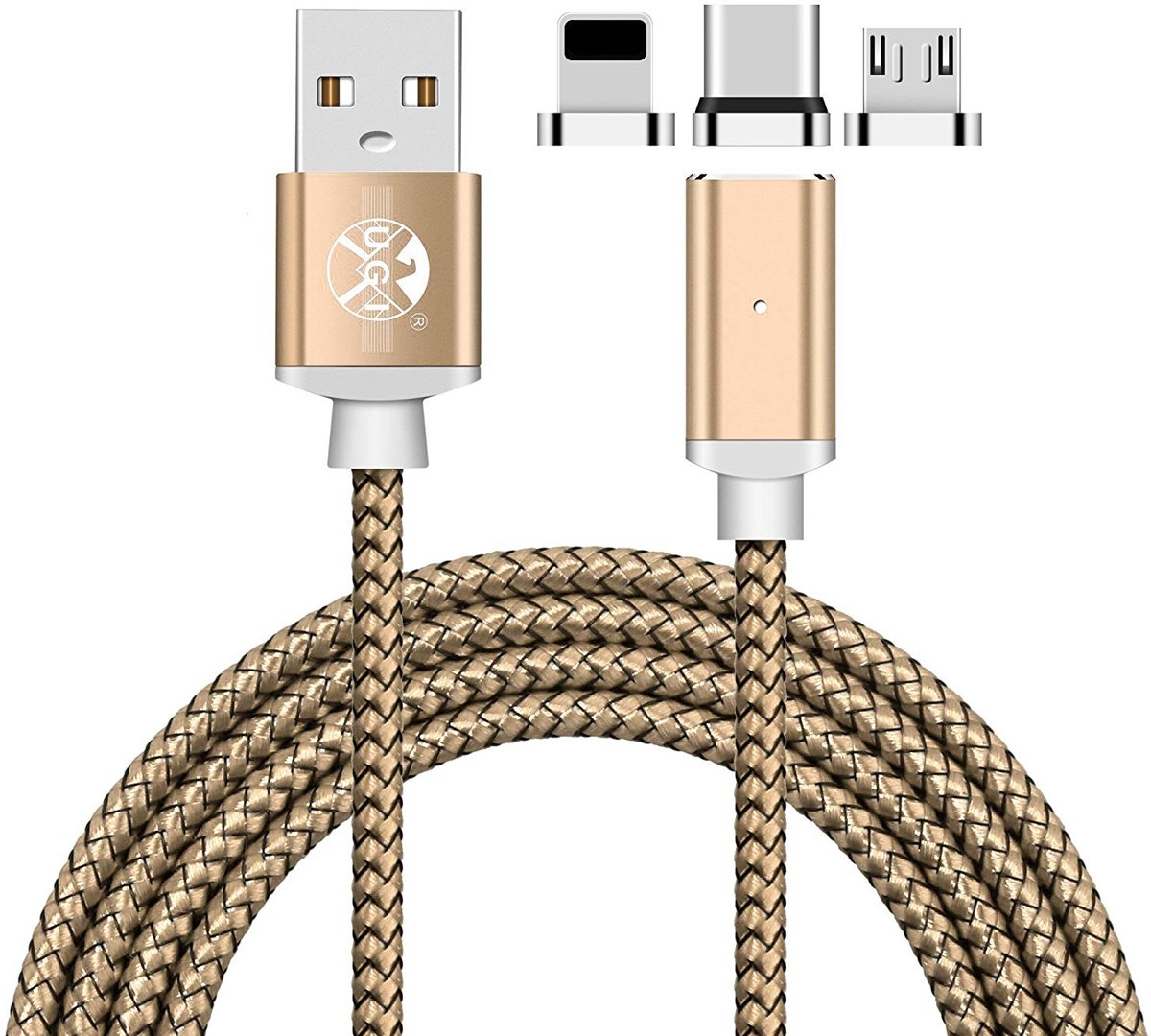 3in1 Magnetisch kabel 2.4A Max. Sneller Laden USB Laad en Datakabel geschikt voor de MICRO USB / TYPE C / Lightning iphone - Goud