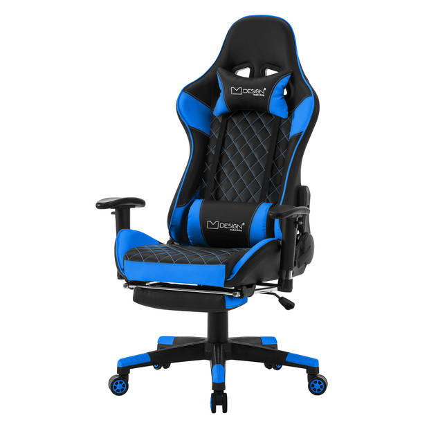 Gaming stoel met uittrekbare voetsteun 2D armsteun Zwart/Blauw in kunstleer ML Design