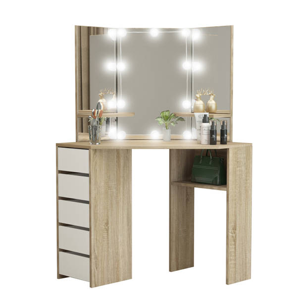 ML-Design kaptafel met LED-verlichting, wit/sonoma, 110x141,5x54 cm, gemaakt van MDF-spaanplaat