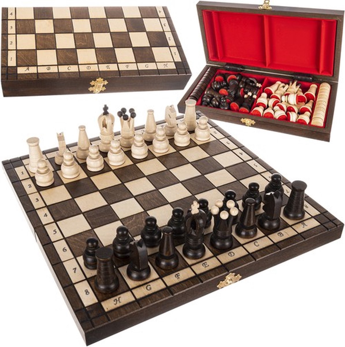 Schaken - Dammen - Internationaal schaakbord - Houten schaakbord met schaakstukken - Schaakborden - Chess board - Chess - Chess set - Schaakspel - Schaakset