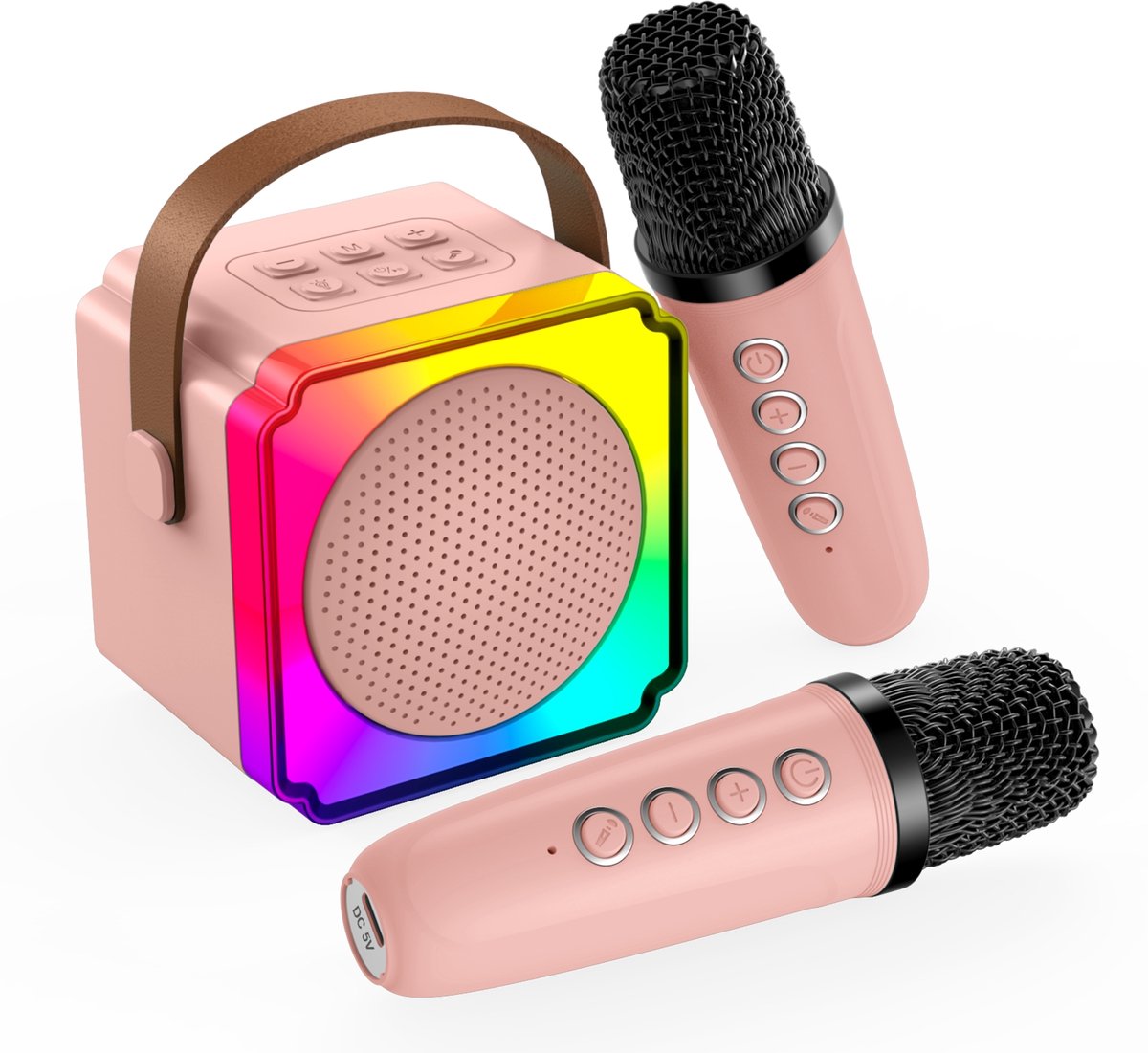 Karaoke Set voor Kinderen met Bluetooth Speaker van   – Met 2 Draadloze Microfoons, LED-verlichting, Geluidseffecten – Feest, Cadeau voor Meisje, Jongen, Kinderen 3+ jaar – Roze